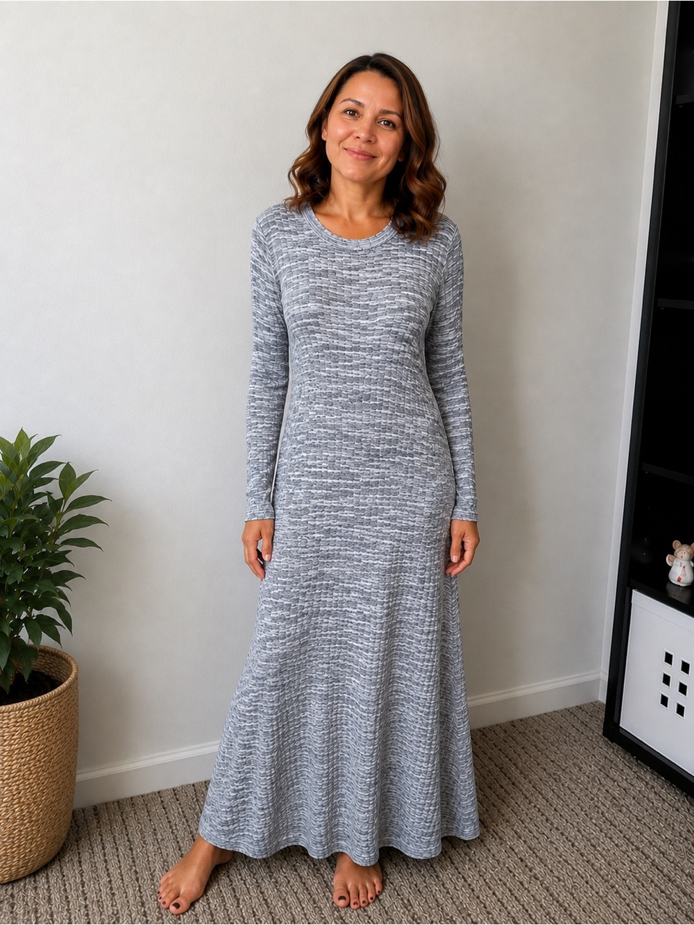 Women’s Long Sleeve Gray Ribbed Maxi Dress